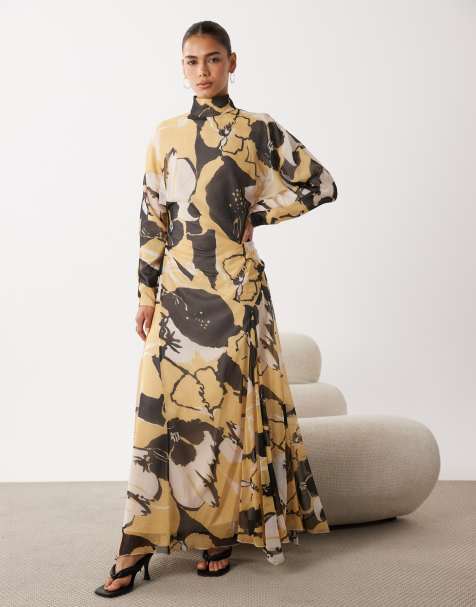 ASOS DESIGN high neck maxi dress with asymmetric waist in brown floral - view 1