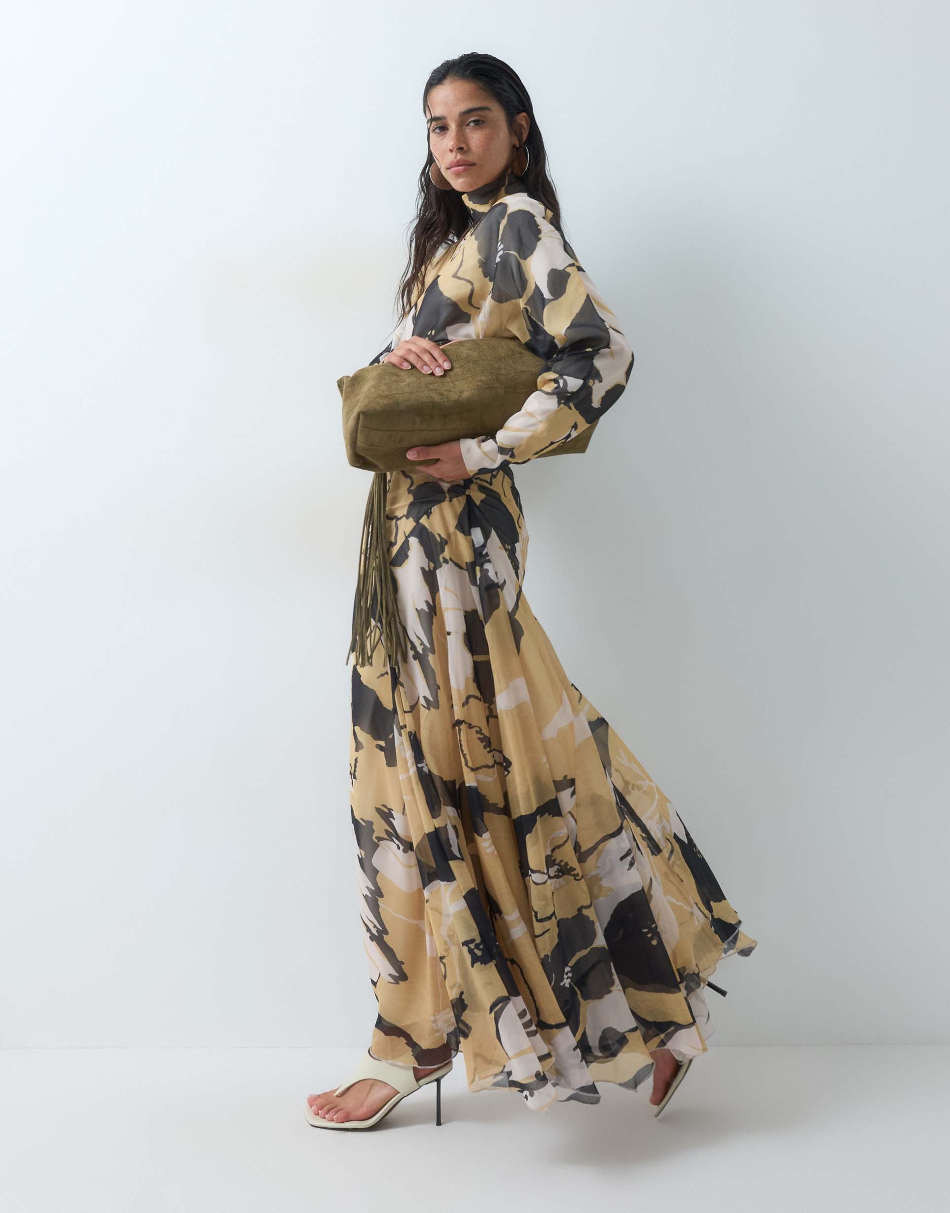 asos design high neck maxi dress with asymmetric waist in brown floral