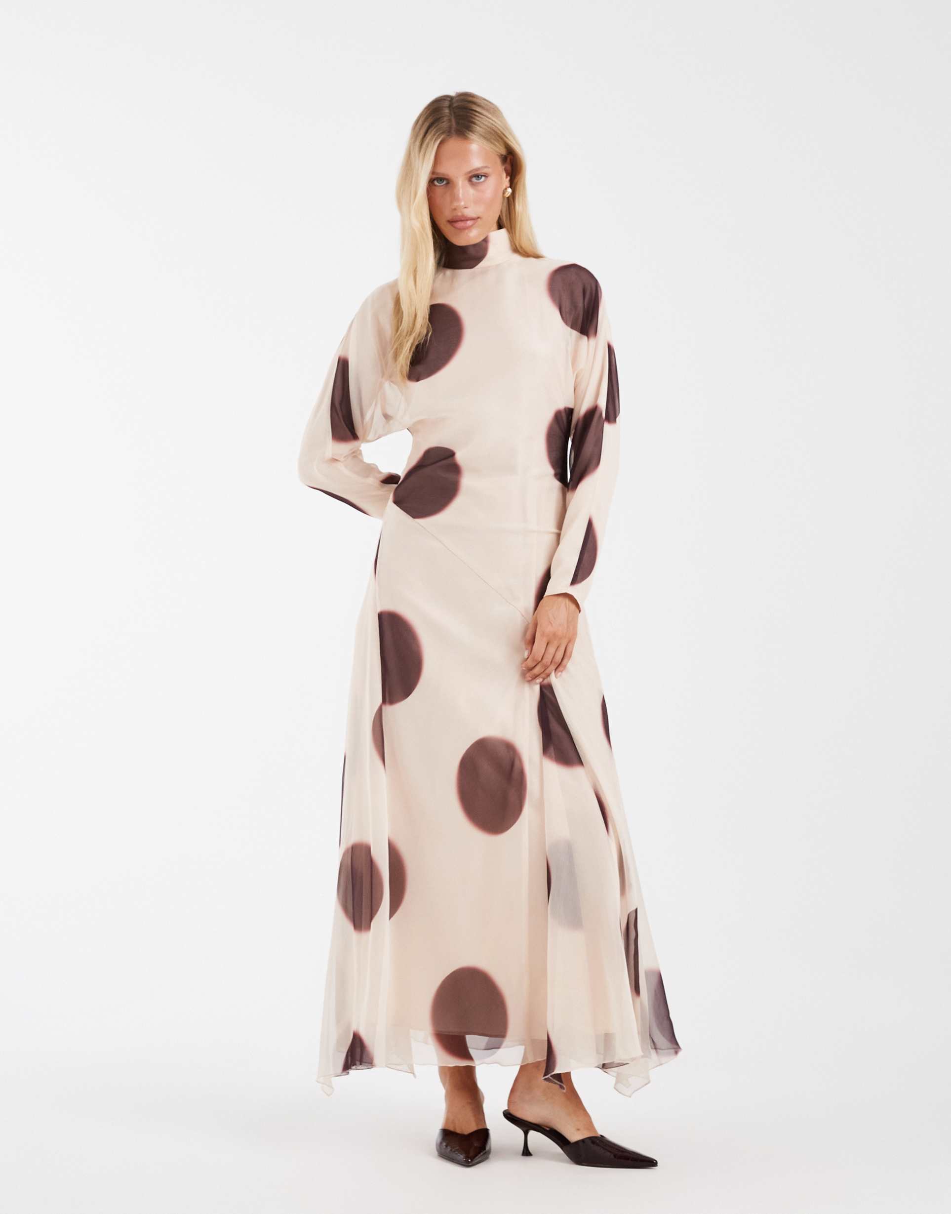 asos design high neck maxi dress with asymmetric waist in brown polka dots