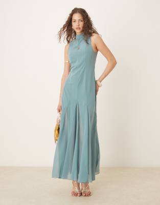 Asos Design High Neck Maxi Dress With Chiffon Godets In Blue