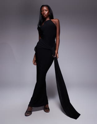 Asos Design High Neck Maxi Dress With Double Split In Black