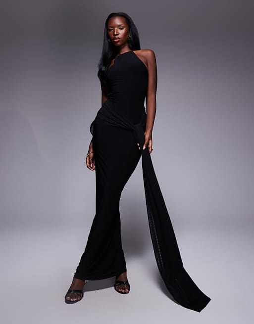 maxi black dresses for women Velvi - Saylor Pleated Satin Ruffle Dress - Experience a blend of comfort and sophistication with Cavosen dresses 11 Long Black Dresses to