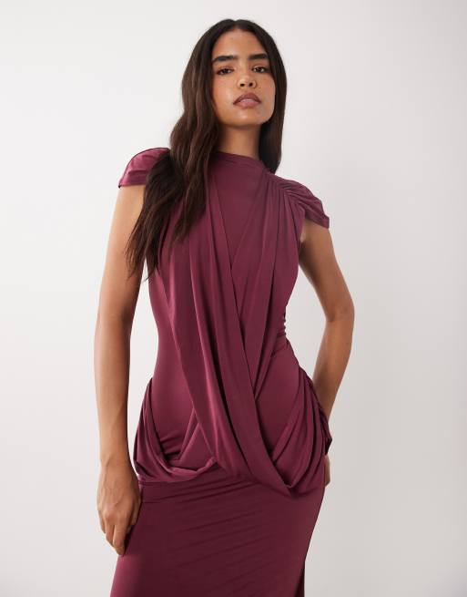 ASOS DESIGN high neck maxi dress with draped bodice in mulberry, 2 of 4