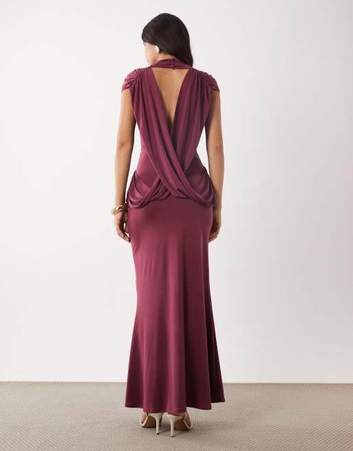 ASOS DESIGN high neck maxi dress with draped bodice in mulberry, 4 of 4