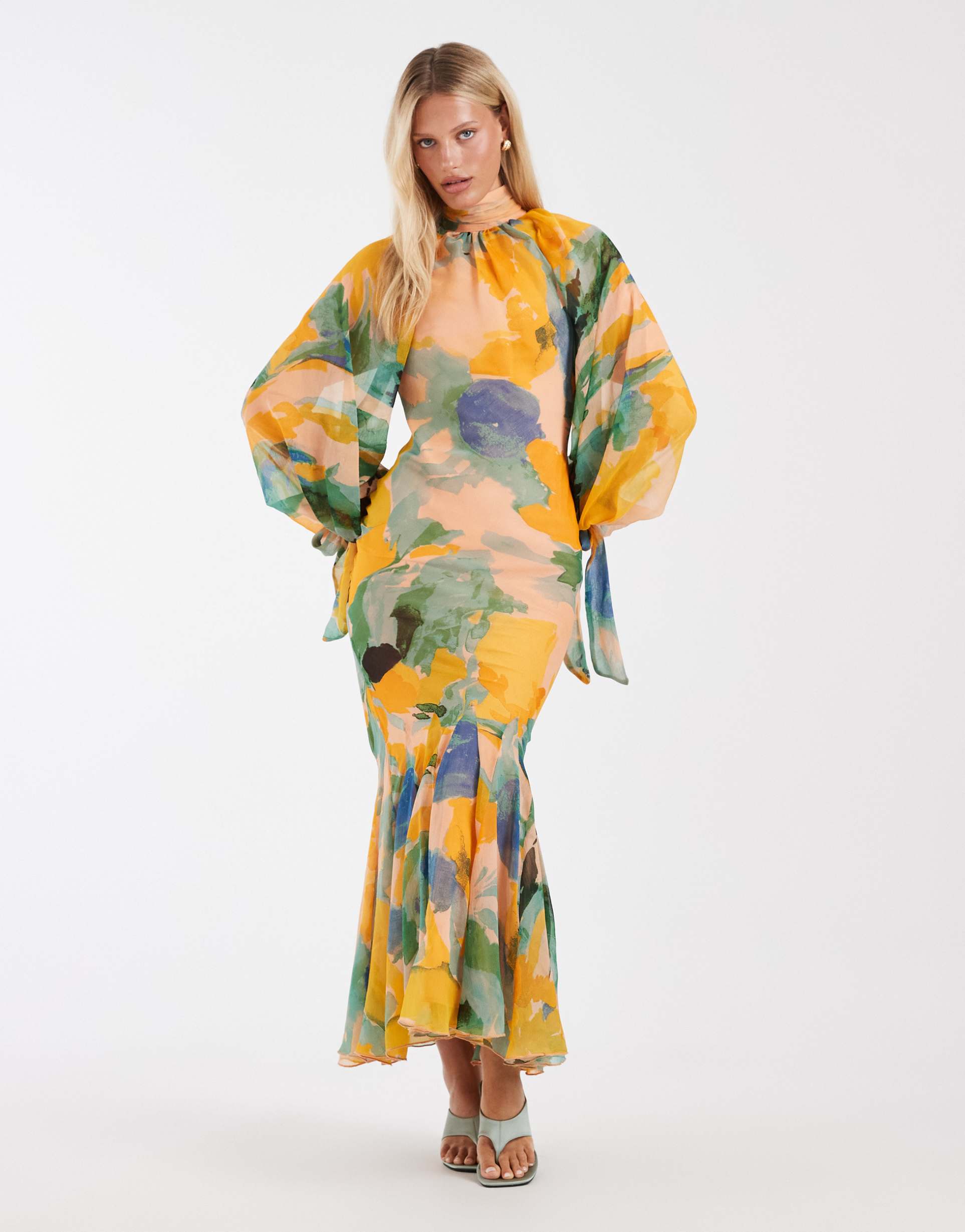 asos design high neck maxi dress with flare hem in green floral print
