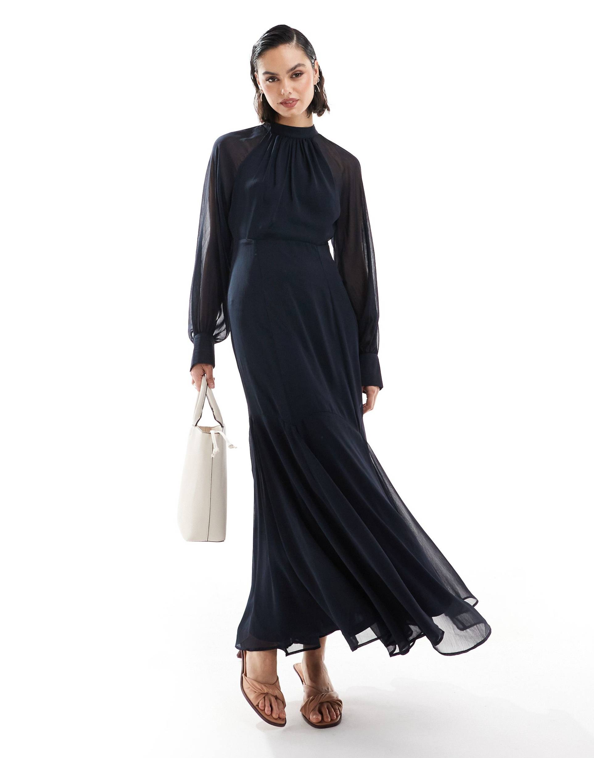 asos design high neck maxi dress with flare hem in navy