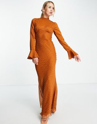 ASOS DESIGN high neck maxi dress with flared cuff in rust spot | ASOS