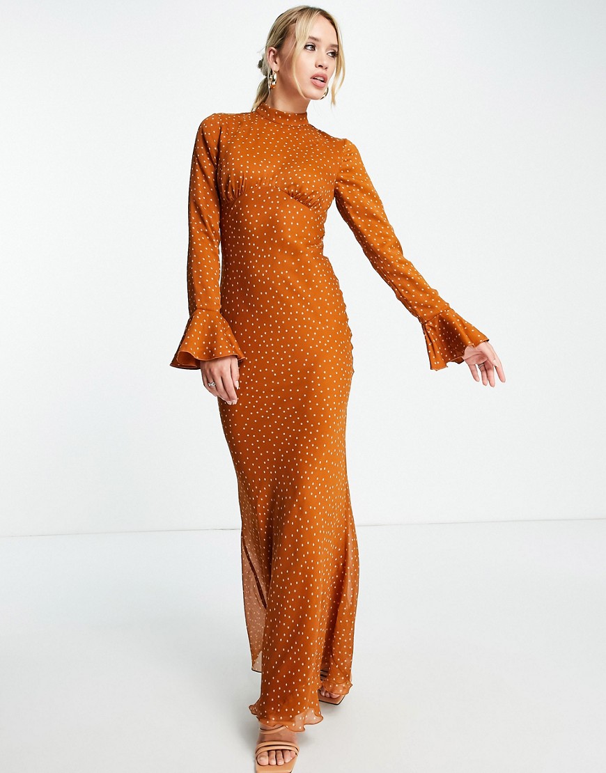 ASOS DESIGN high neck maxi dress with flared cuffs in rust dot-Brown