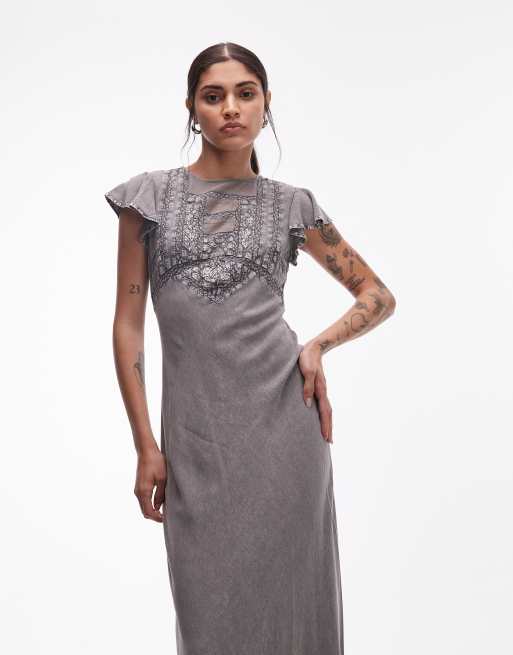 ASOS DESIGN high neck maxi dress with frill sleeve and lace inserts in washed grey, 2 of 4