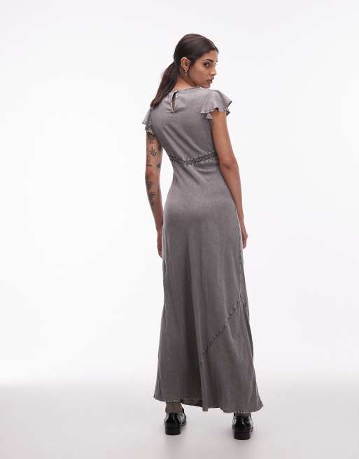 ASOS DESIGN high neck maxi dress with frill sleeve and lace inserts in washed grey, 3 of 4