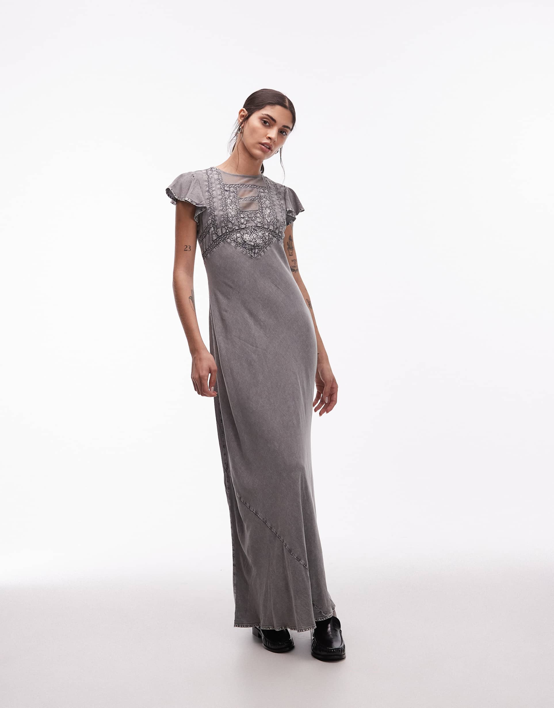 asos design high neck maxi dress with frill sleeves and lace inserts in washed gray