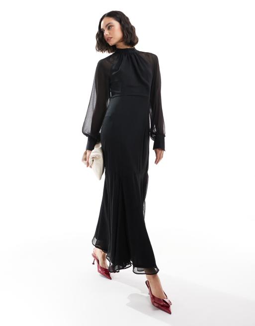 FhyzicsShops DESIGN high neck maxi Turtleneck dress with godet hem in black