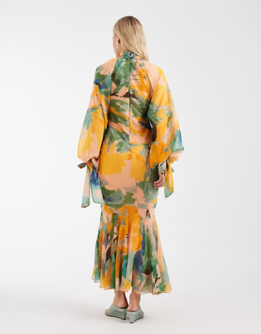 ASOS DESIGN high neck maxi dress with godet hem in green floral print, 3 of 4