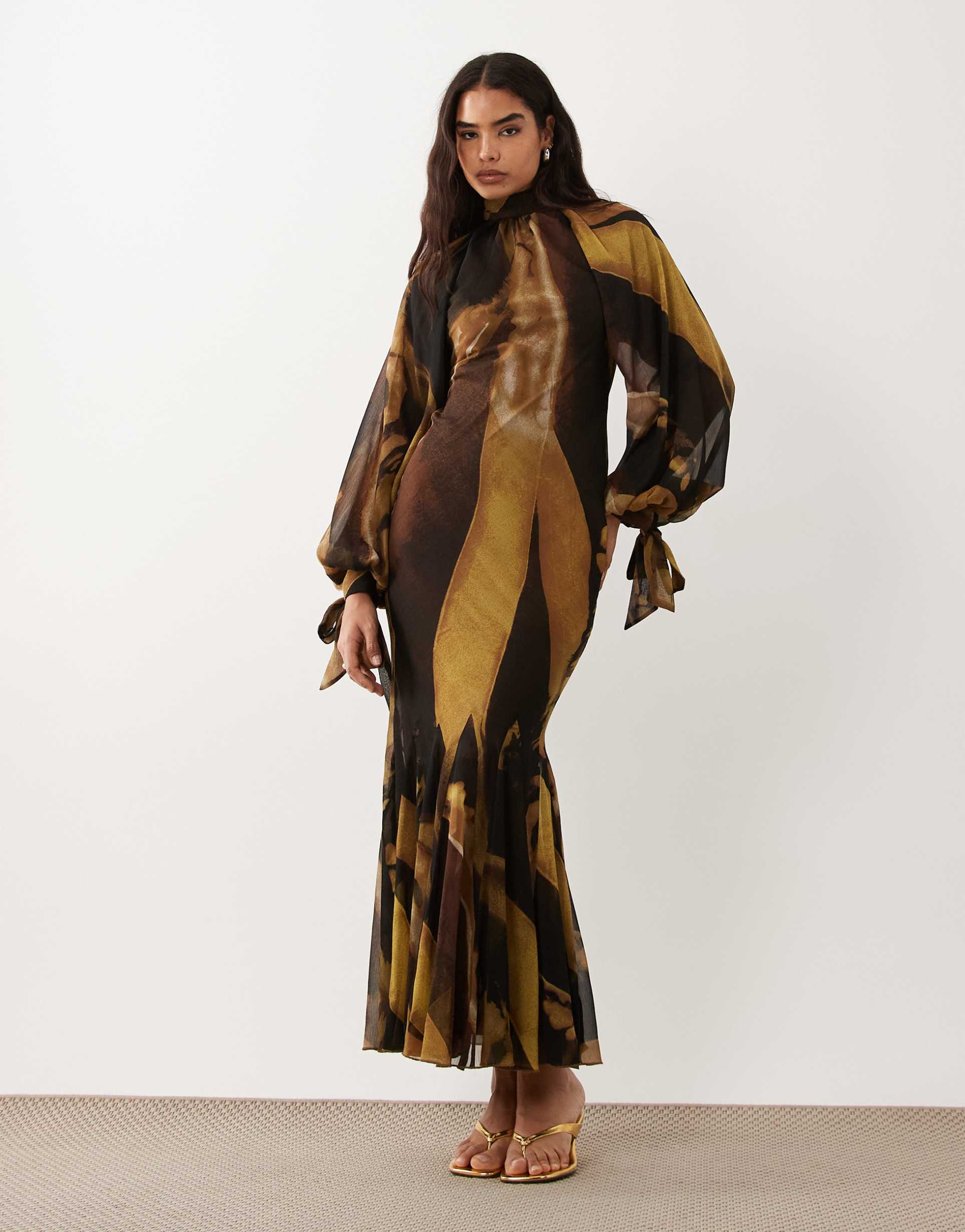 asos design high neck maxi dress with godet hem in khaki abstract print