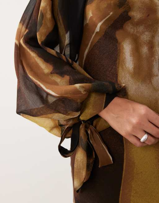 ASOS DESIGN high neck maxi dress with godet hem in khaki abstract print, 3 of 4