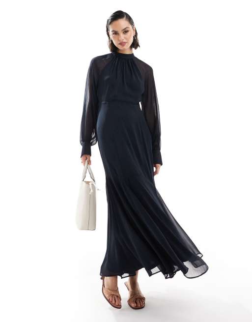 CerbeShops DESIGN high neck maxi dress with godet hem in navy