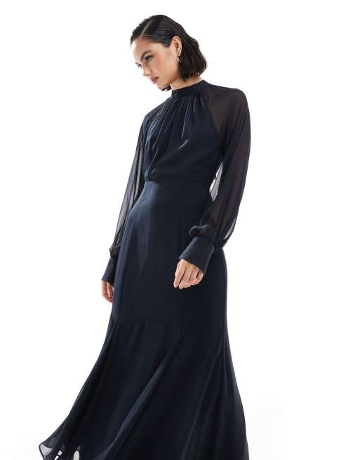 ASOS DESIGN high neck maxi dress with godet hem in navy, 2 of 4
