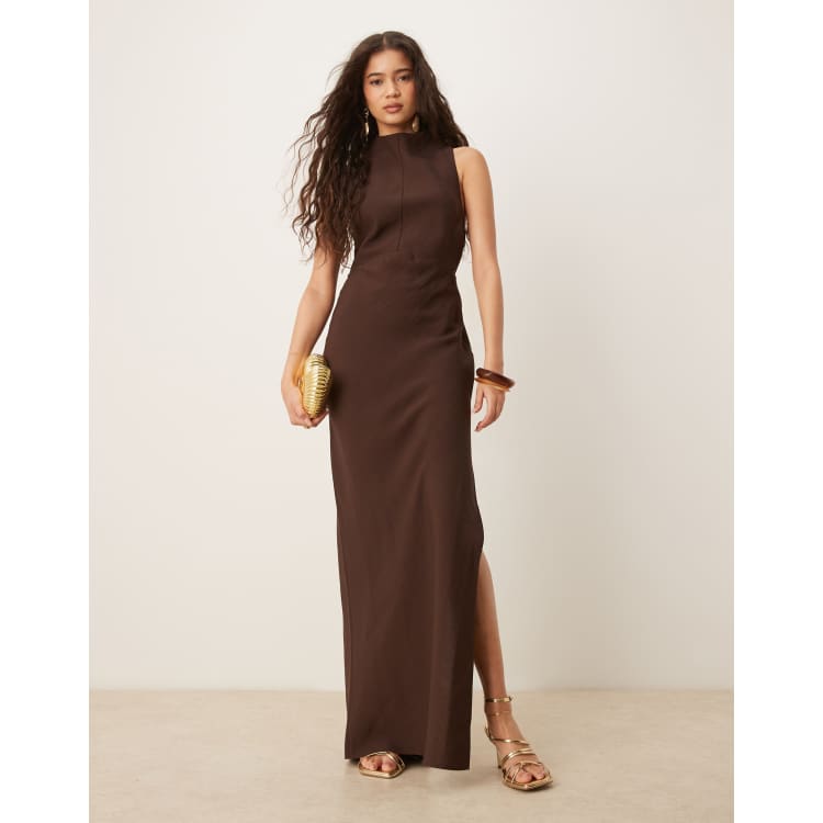 ASOS Design High Neck Maxi Dress with Hardware Trim in chocolate-Brown