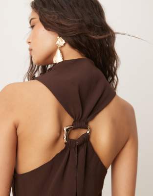 Asos Design High Neck Maxi Dress With Hardware Trim In Brown