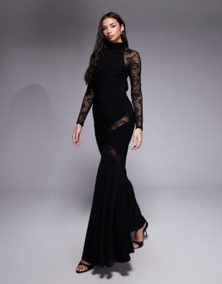 Asos Design High Neck Maxi Dress With Lace Panels In Black