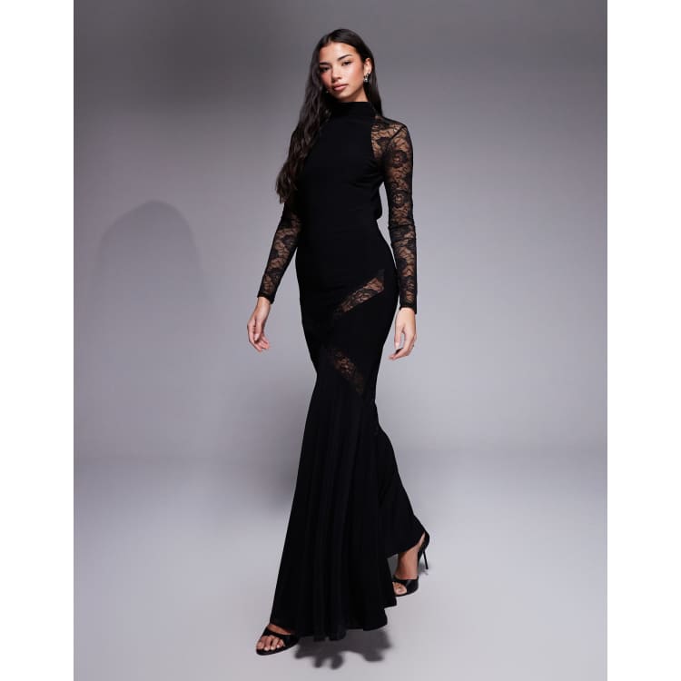 asos black high neck dress DESIGN maxi with lace panels in it ensures a regular Color:Lemon Flore Black Crystal Straps product_family:BEBE1288