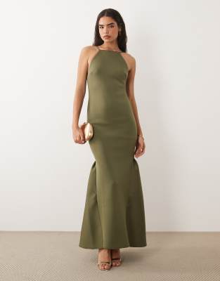 Asos Design High Neck Maxi Dress With Open Back In Green