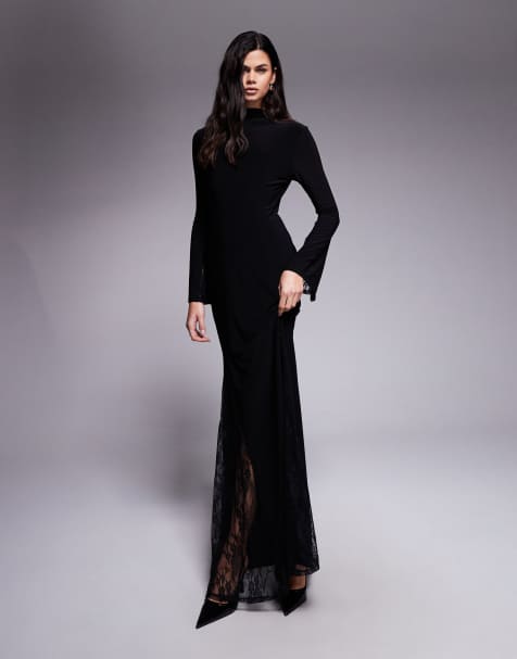 ASOS DESIGN high neck maxi dress with sheer lace godet inserts and sheer lace layered sleeve in black - view 1