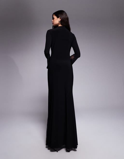 ASOS DESIGN high neck maxi dress with sheer lace godet inserts and sheer lace layered sleeve in black