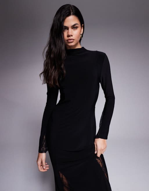 ASOS DESIGN high neck maxi dress with sheer lace godet inserts and sheer lace layered sleeve in black