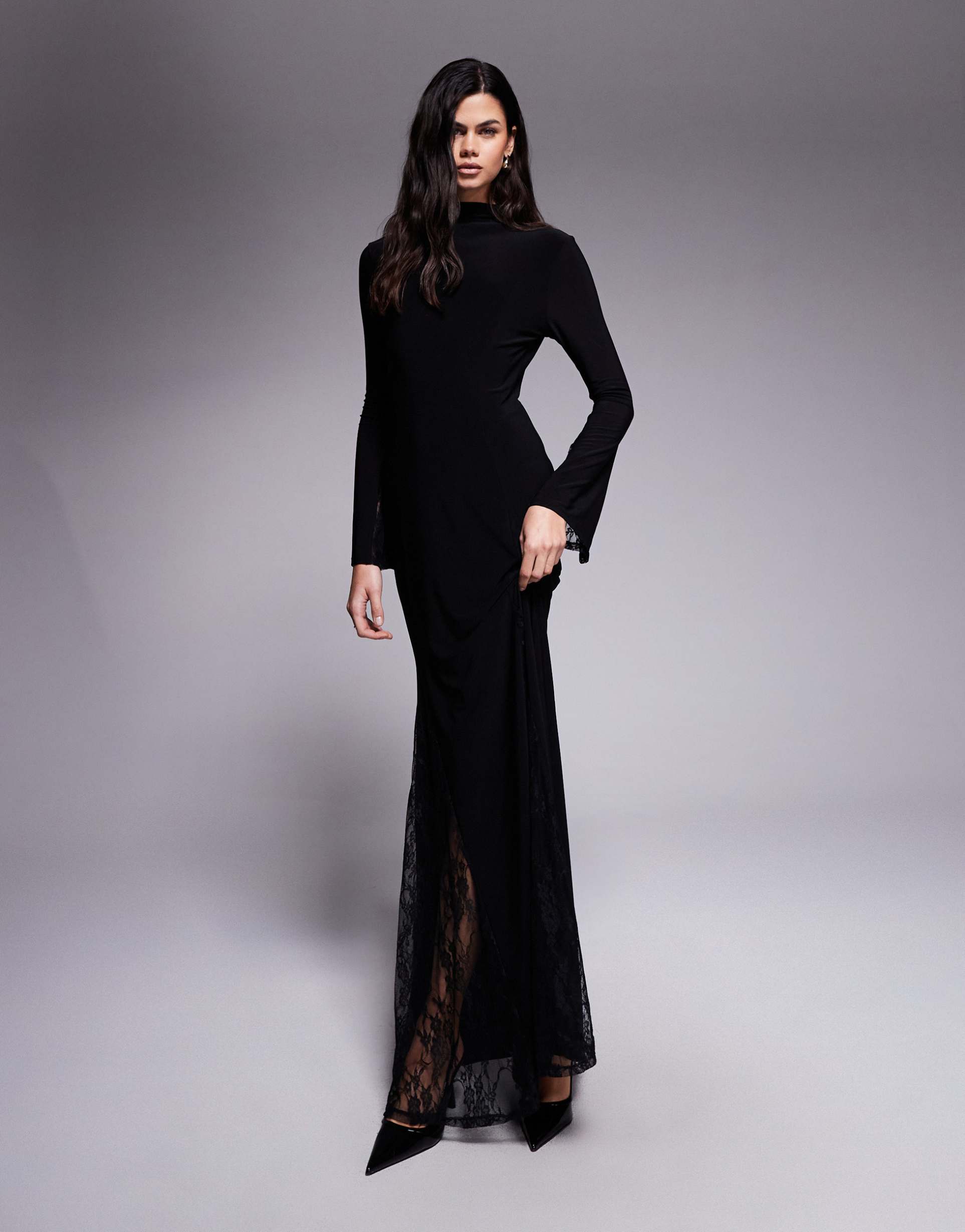 asos design high neck maxi dress with sheer lace godet inserts and sheer lace layered sleeve in black