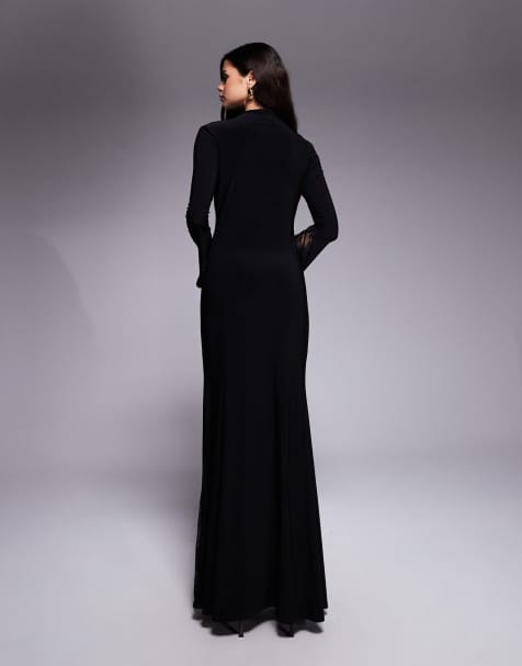 davids bridal formal dresses Black Chiffon Long Sleeves V-neckline Party Dress, Black Formal Dress –  Cutedressy main image 1