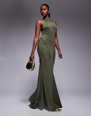 Asos Design High Neck Maxi Dress With Super Ruched Channels In Green