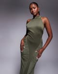 [ASOS DESIGN] ASOS DESIGN high neck maxi dress with super ruched channels in khaki-Green 10 Khaki