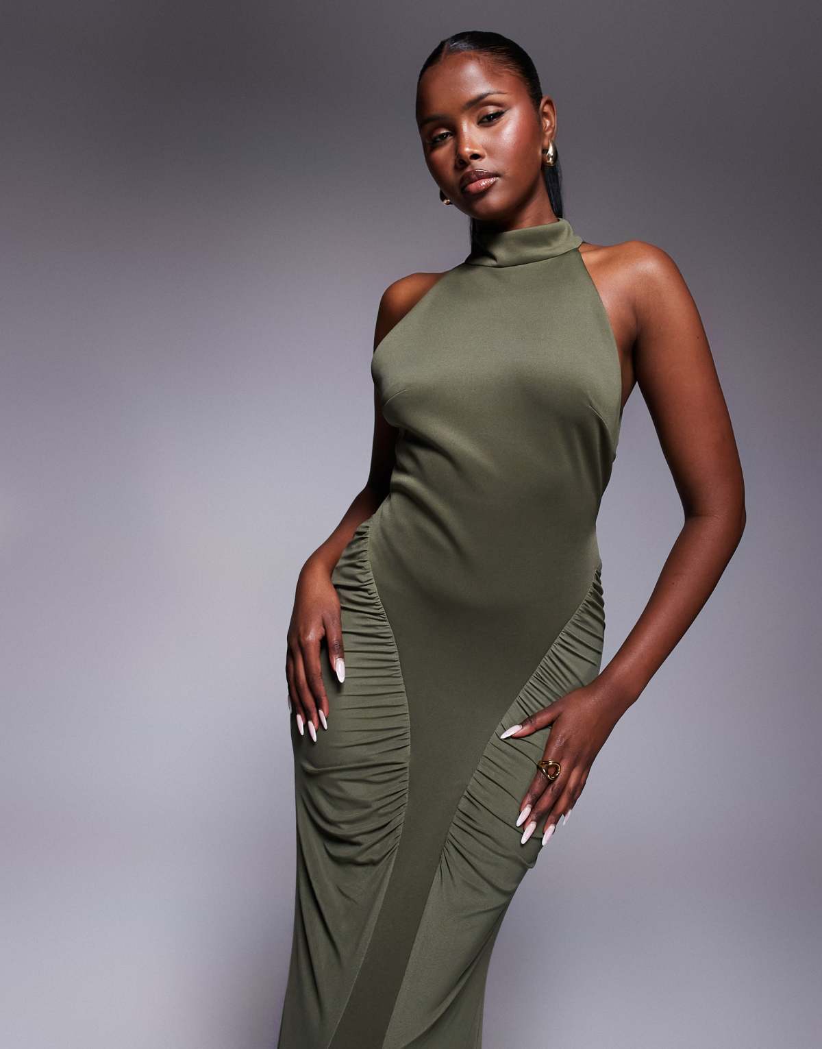 ASOS DESIGN high neck maxi dress with super ruched channels in khaki