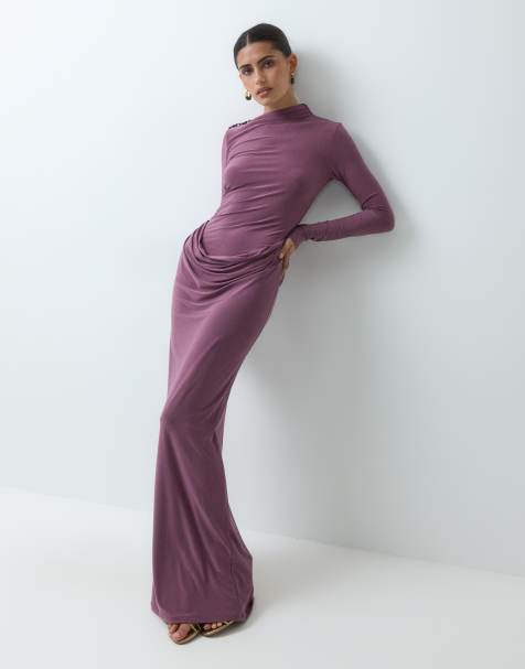 ASOS DESIGN high neck maxi dress with tie cuff sleeves in berry