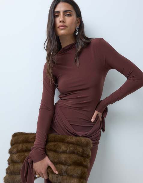 ASOS DESIGN high neck maxi dress with tie cuff sleeves in chocolate