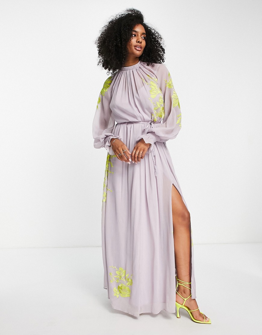 ASOS DESIGN high neck maxi dress with tie waist detail and stencil floral embroidery in lilac-Purple