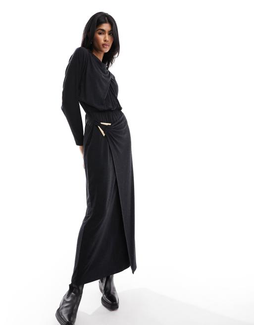 ASOS DESIGN high neck maxi dress with wrap skirt and trim detail in black