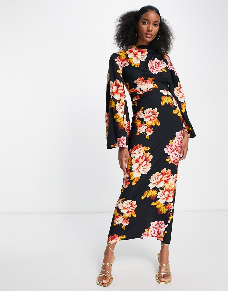 ASOS DESIGN high neck maxi dress with wrap waist and fluted sleeve in black floral print-Multi