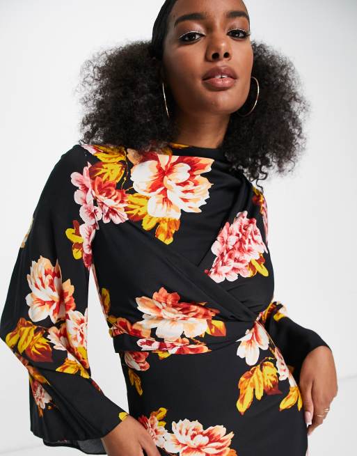 ASOS DESIGN high neck maxi dress with wrap waist and fluted sleeve in black  floral print