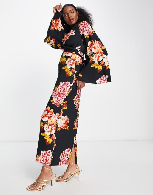 High neck clearance black floral dress