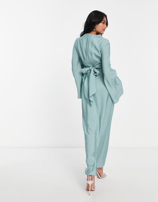 high neck maxi dress with wrap waist and fluted sleeve ASOS DESIGN high neck maxi dress with wrap waist and fluted sleeve in sage  green