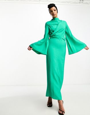 Asos Design High Neck Maxi Dress With Wrap Waist And Fluted Sleeve In Emerald Green