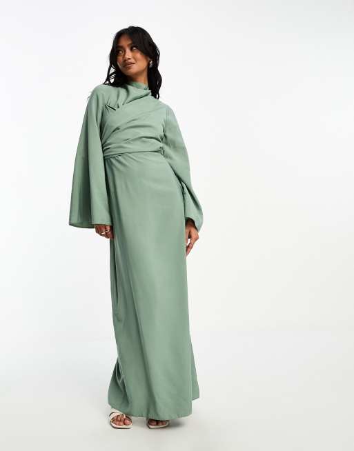 ASOS DESIGN high neck maxi dress with wrap waist and fluted sleeve