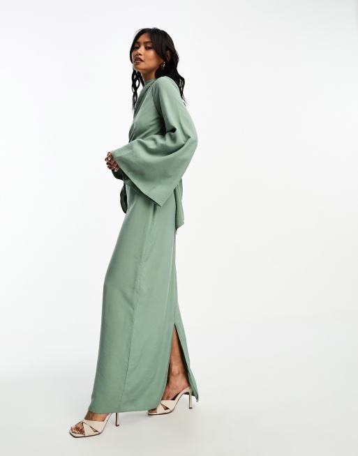 ASOS DESIGN high neck maxi dress with wrap waist and fluted