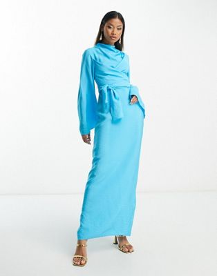 ASOS DESIGN high neck maxi dress with wrap waist and fluted sleeve in turquoise