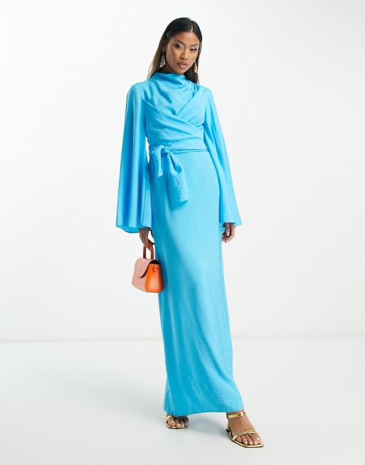 ASOS DESIGN high neck maxi dress with wrap waist and fluted sleeve in turquoise