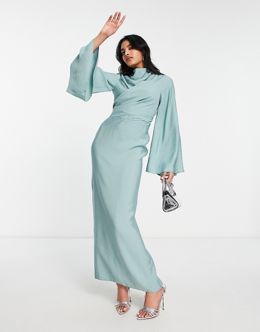 ASOS DESIGN high neck maxi dress with wrap waist and fluted sleeves in dusky blue