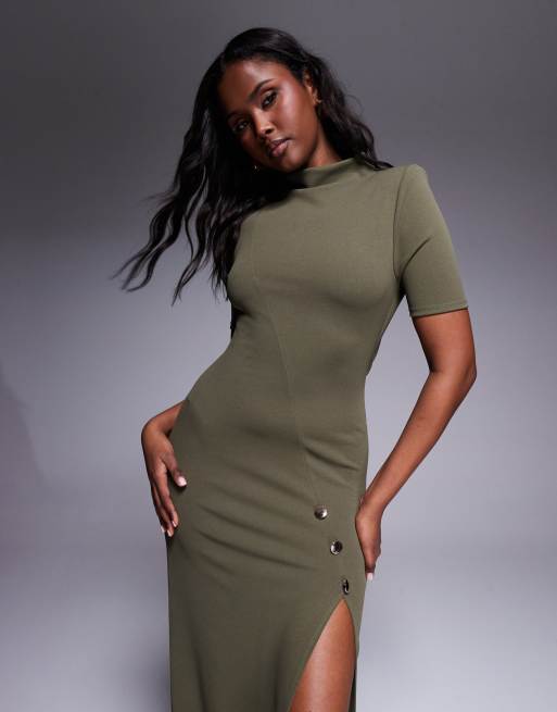 ASOS DESIGN high neck maxi pencil dress with short sleeves and large gold  button detail split in khaki in scuba-style fabric | ASOS