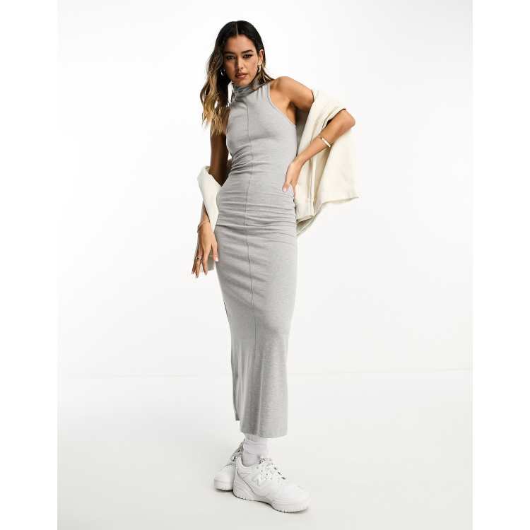 ASOS DESIGN high neck maxi ribbed dress with seam detail in grey marl